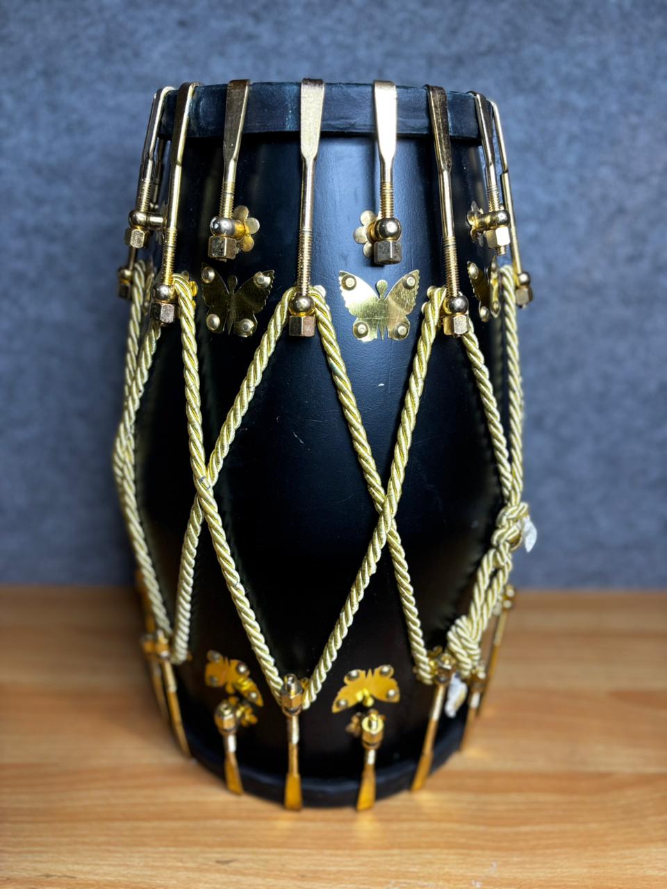 Black Matte Kachha-Pakka Sheesham Dholak with Golden Strip