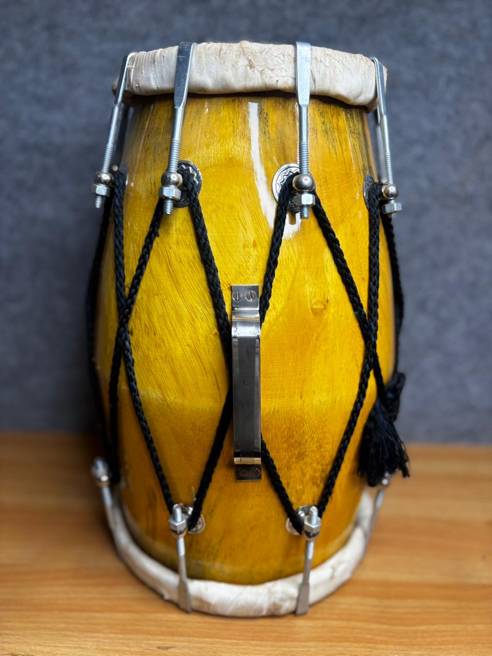 Sheesham Wood Yellow Plain Shiny Dholak with handle