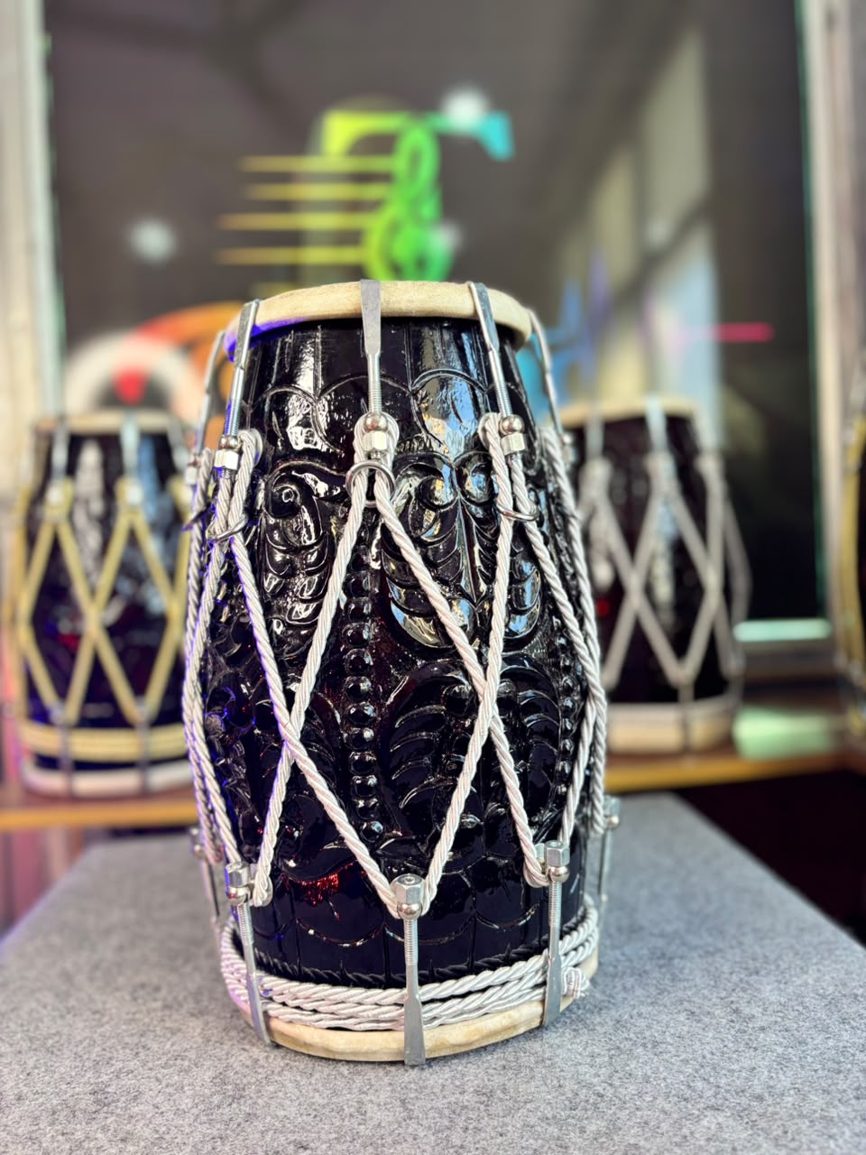 Pakka Sheesham Wood Nakkashi Dholak – Black Finish with Silver Rope Design