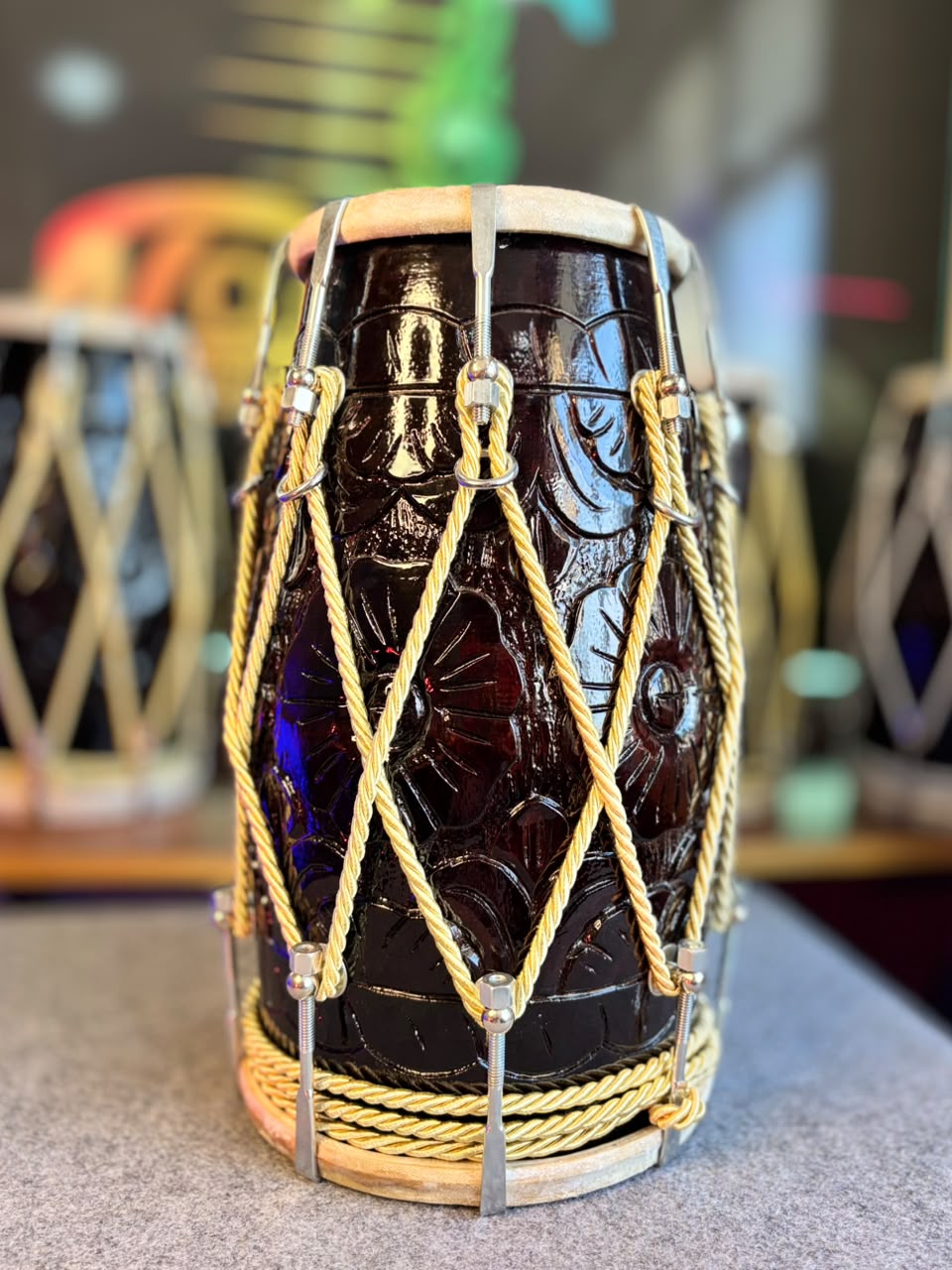 Pakka Sheesham Wood Nakkashi Dholak – Natural Wooden Finish with Golden Rope Design