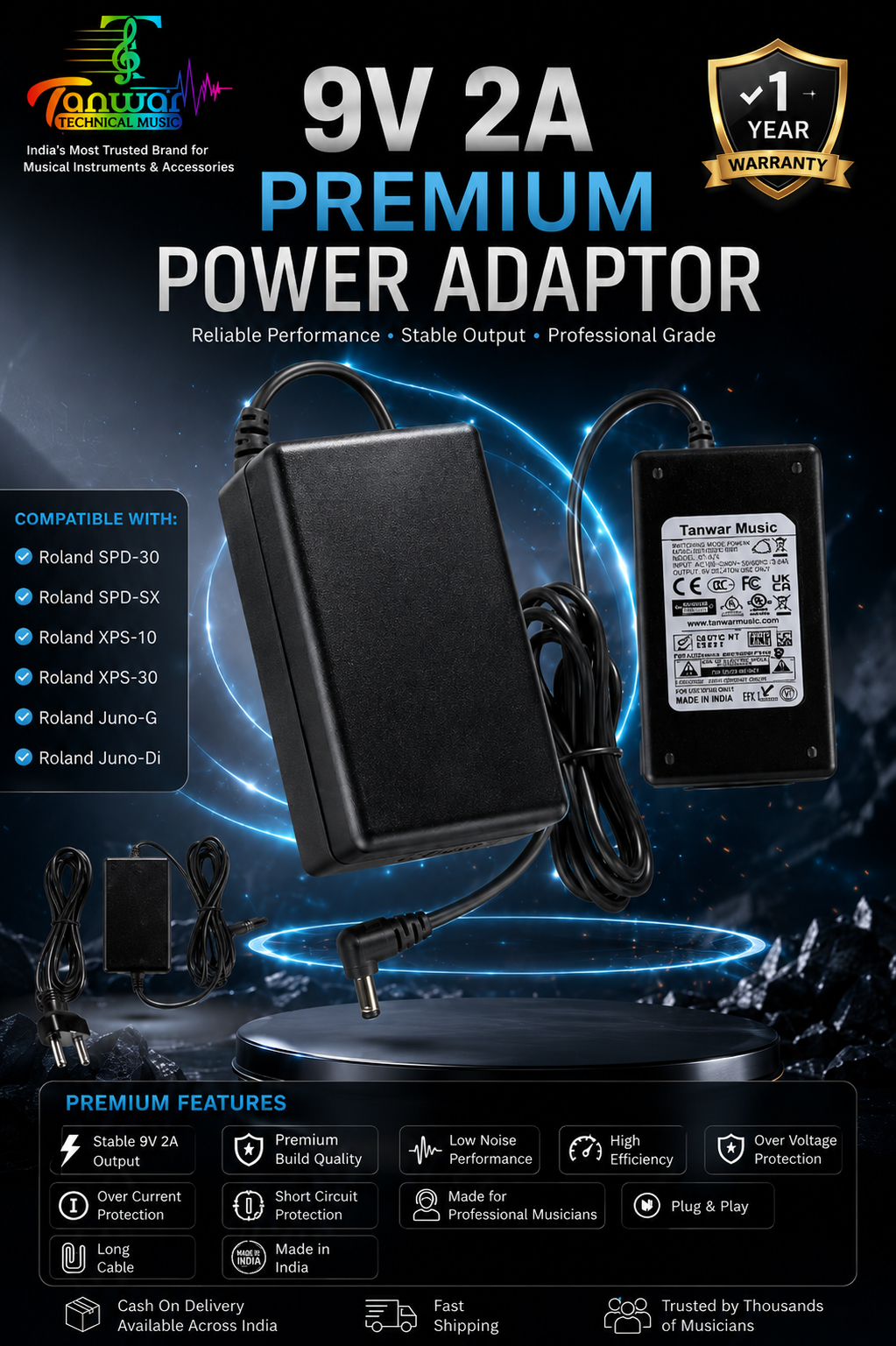 Tanwar Music Premium 9V 2A Power Adaptor for Roland SPD-SX Sampler Pad