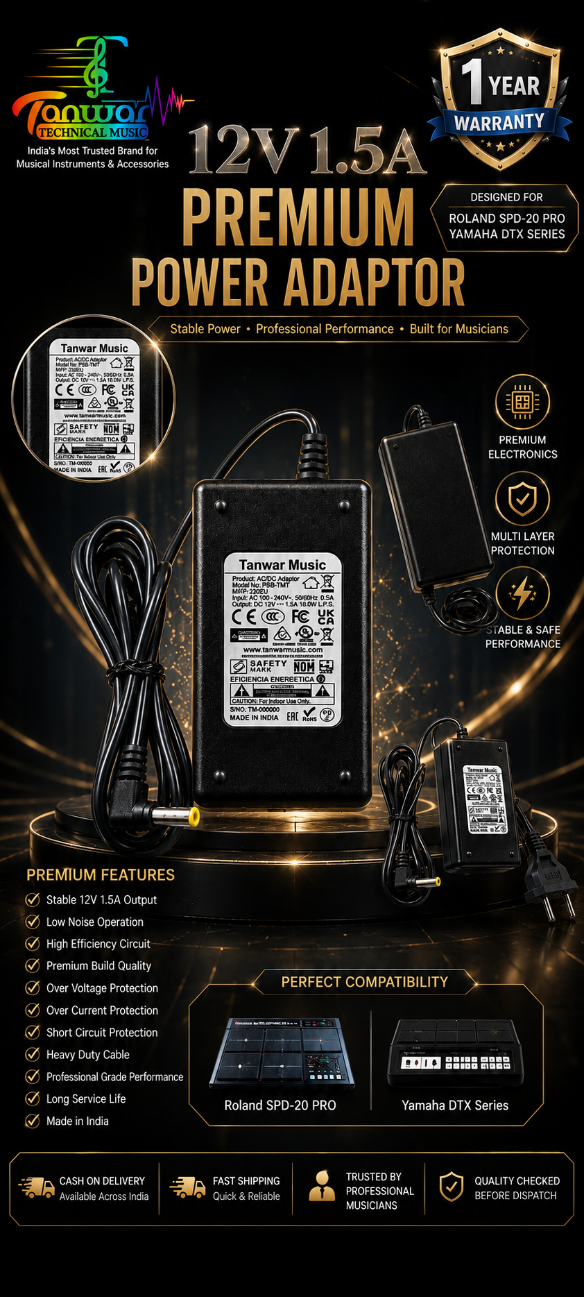 Tanwar Music Premium 12V 1.5A Power Adaptor for Yamaha DTX Multi-12 Octapad